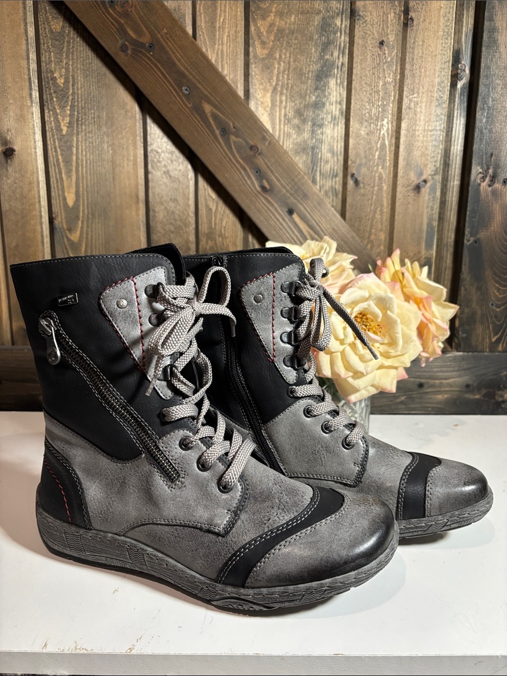 Remonte Gray and Black Lace-Up Ankle Boots